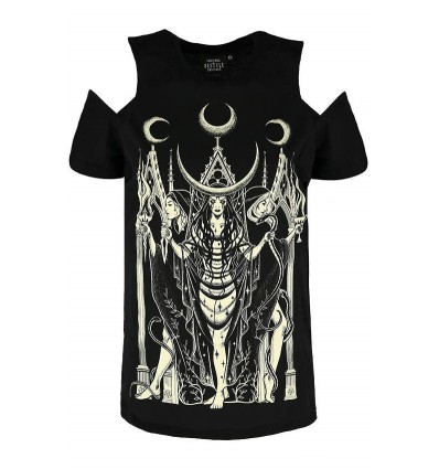 Black gothic T-shirt goddess HECATE COLD SHOULDER