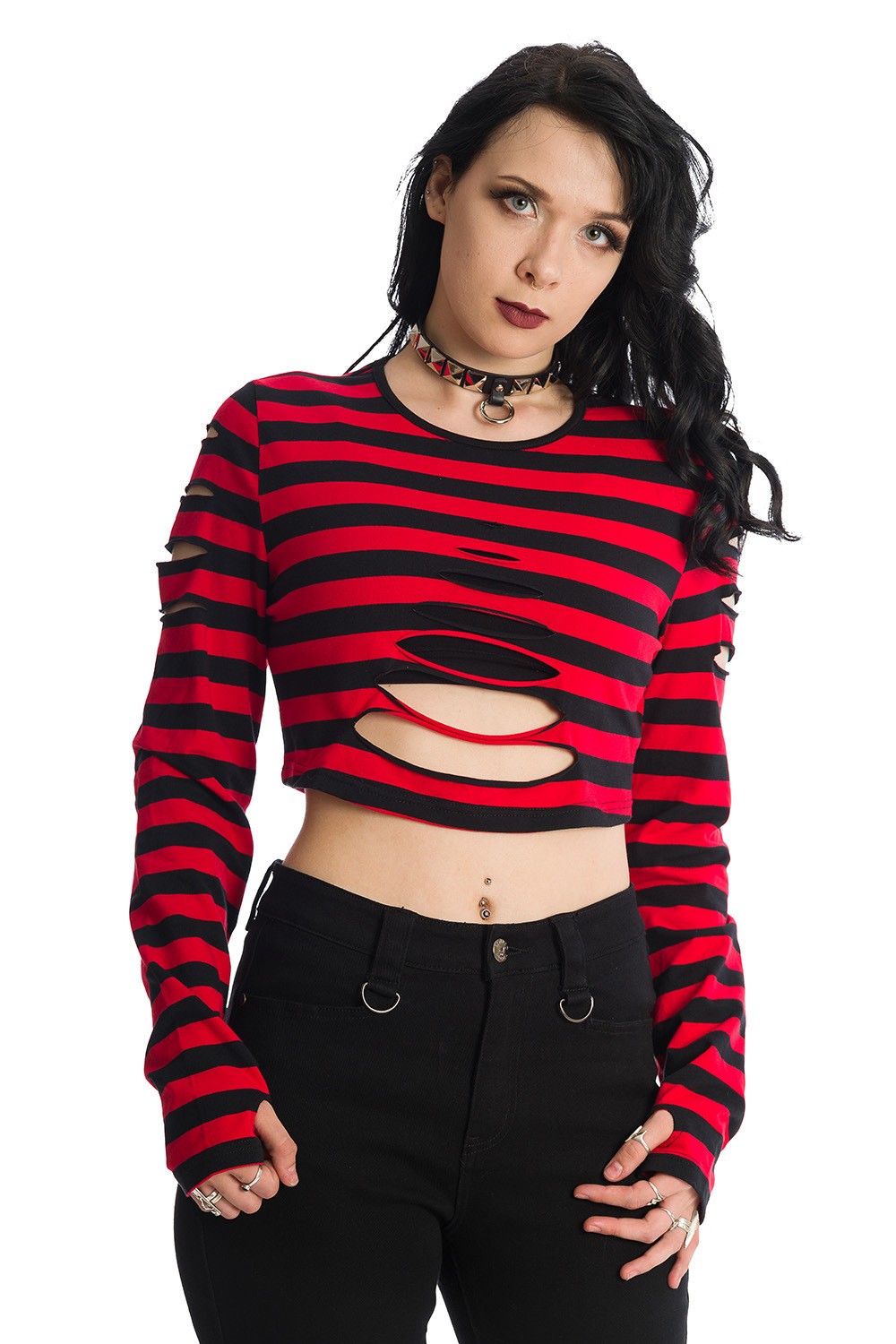 Talla S: Crop top rayas rojas y negras con - Gothic-Zone