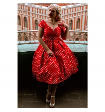 Lily Red Polka Off Shoulder Swing Dress