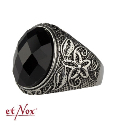 etNox - ring "Black Flower" stainless steel with black stone